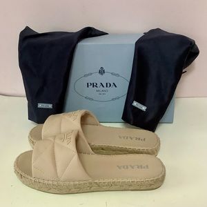 BNIB Prada Quilted Lambskin Leather Espadrille Slide in Desert Beige $825